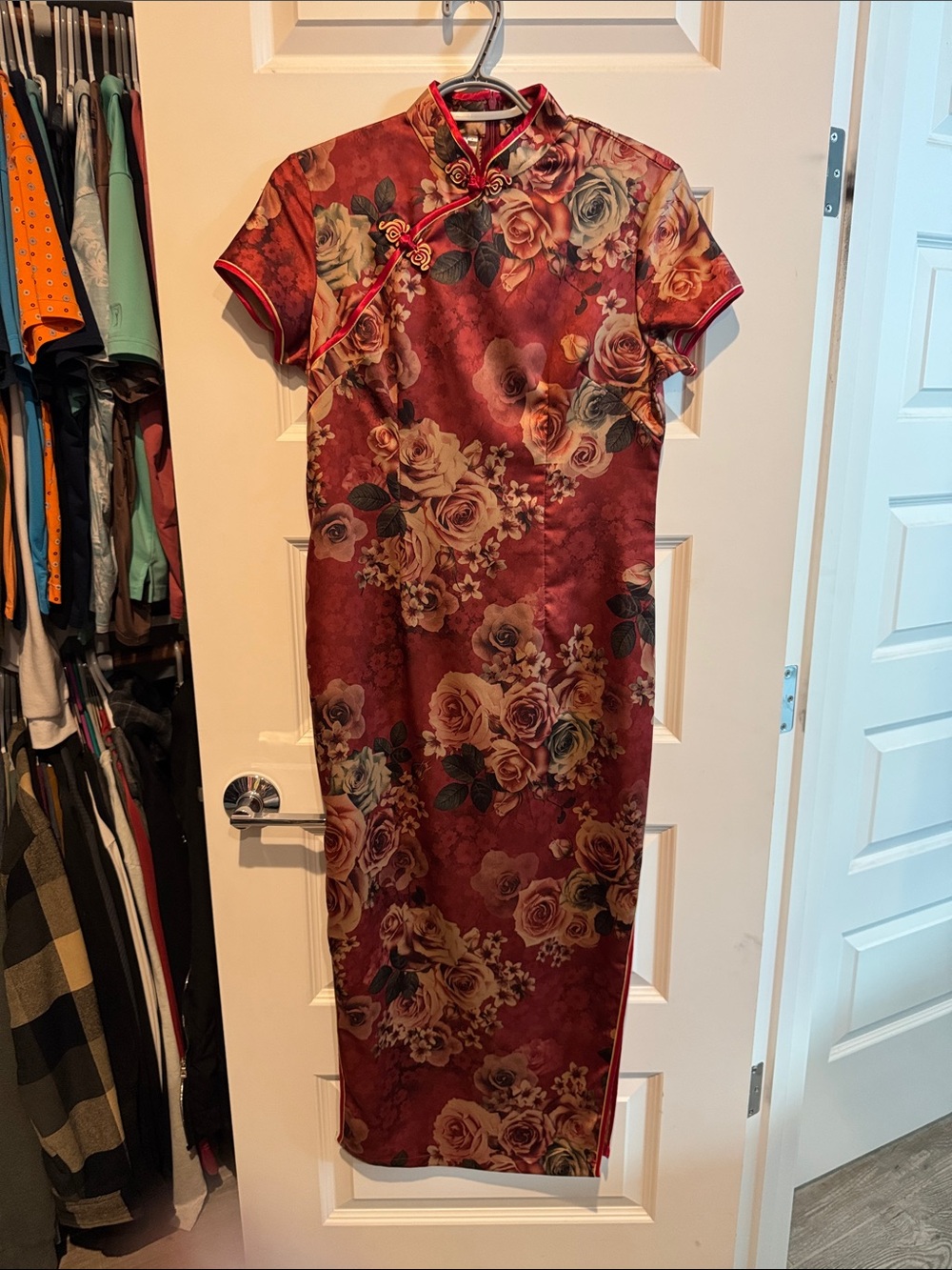 Red Floral Satin Cheongsam Maxi Dress